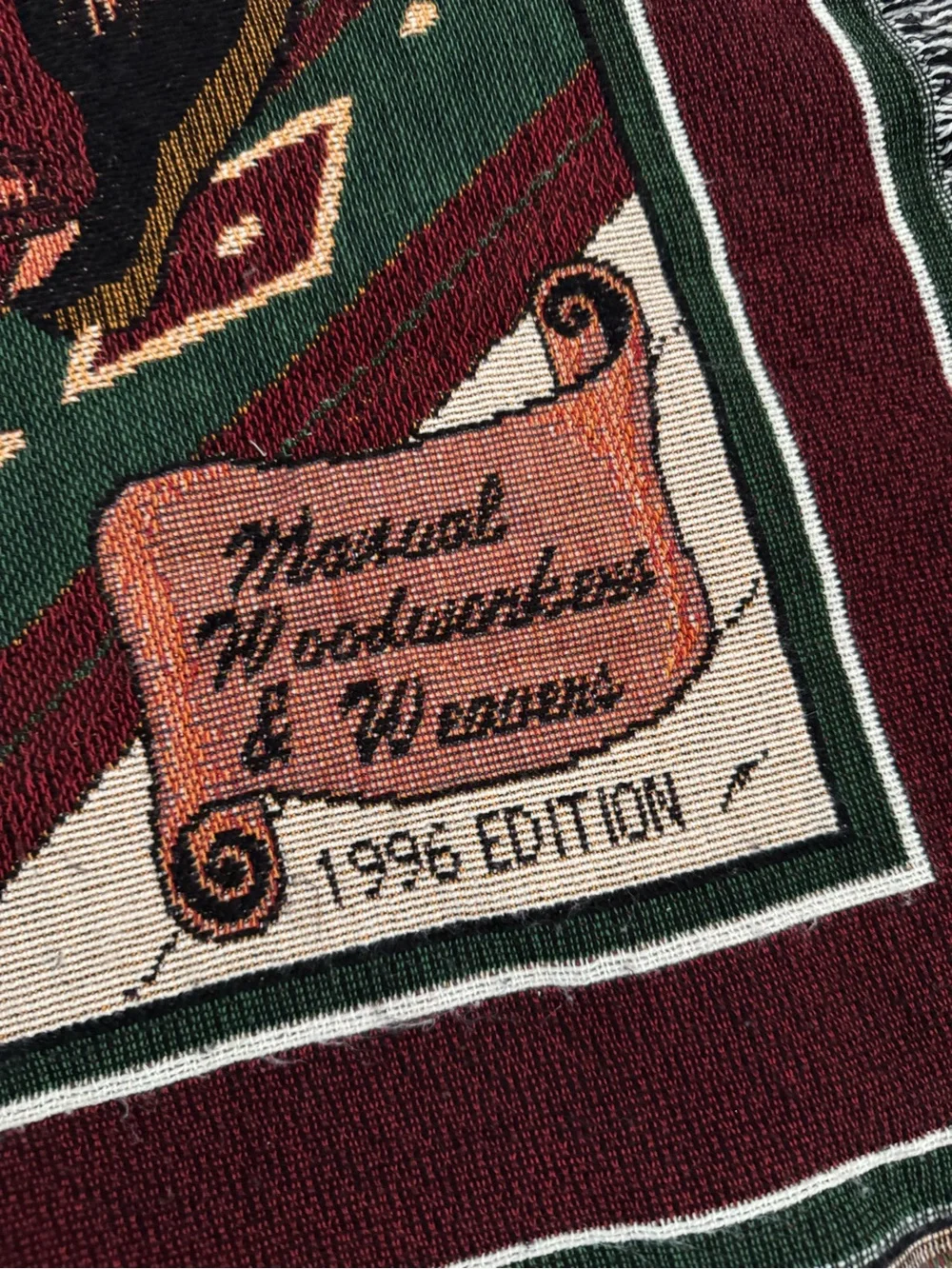 Vintage 1996 Santa Christmas Tapestry Throw Blanket Maxwell Woodworkers Fringe